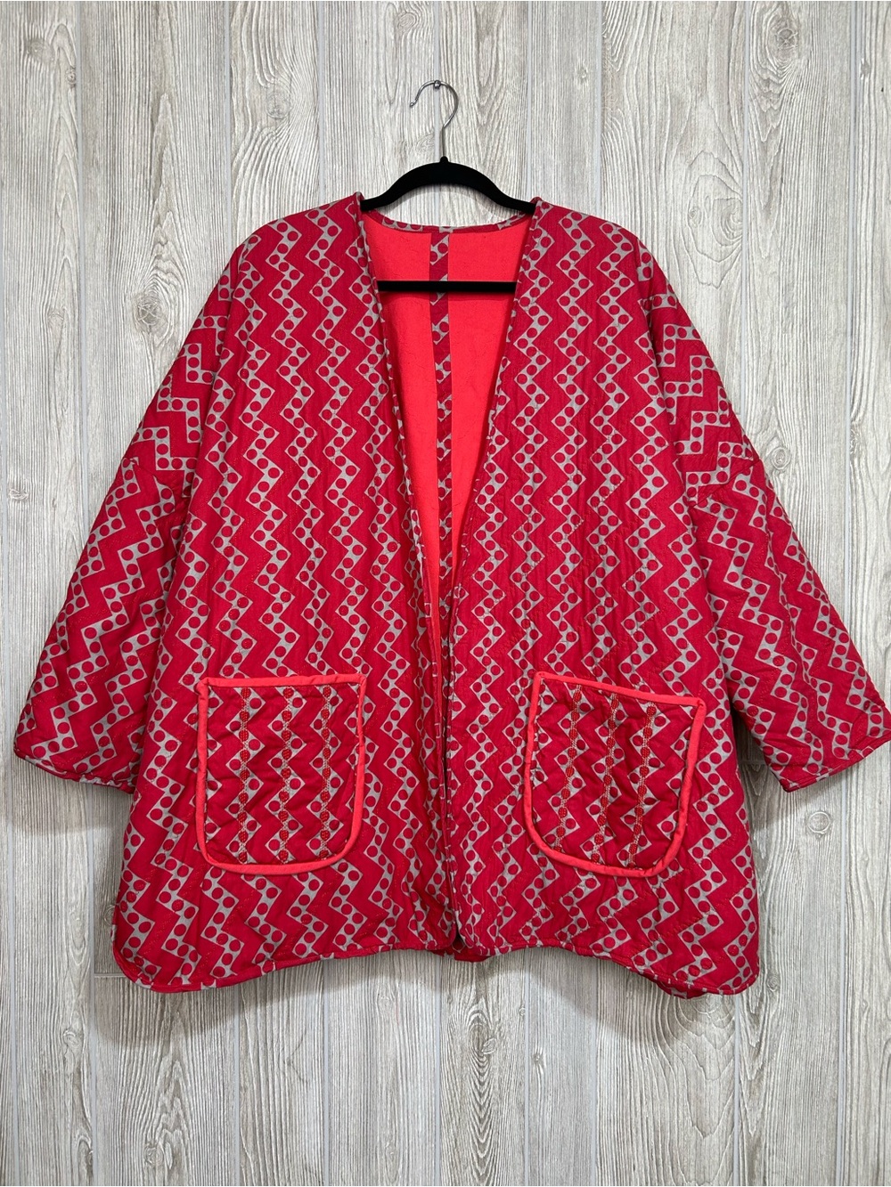 Handmade Red Reversible Quilted Open Front Cotton Kimono Style Jacket